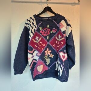 Vintage Cotton And Ramie Sweater Medium Floral Embroidery Cottagecore Grandma
